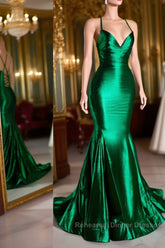 Satin Trumpet V-Neck Spaghetti Straps Semi Formal Prom Evening Dress For Black Girls